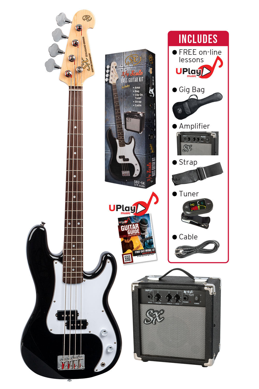 SX | SB2SK34B | 3/4 size Bass Guitar & Amp Package. SX | SB2SK34B | 3/4 size Bass Guitar & Amp Package.
